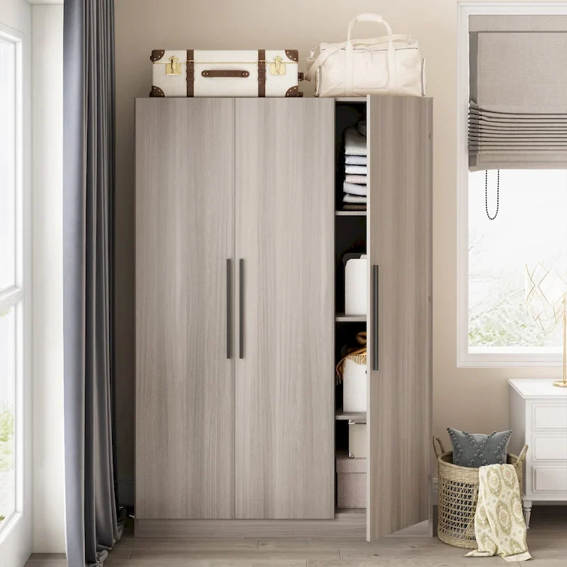 3-Door Wooden Wardrobe Armoire with 6 Storage Cubes and Hanging Rod – White / Grey Wood, 1-Unit