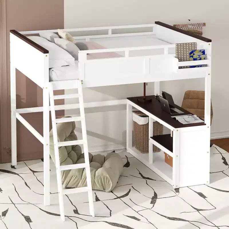 Queen Loft Bed with Desk, Storage Shelf & USB Charging Station, Wood Loft Bed Frame with Slats & Guardrail, White