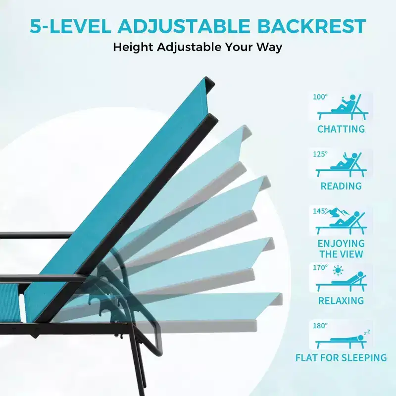 Outdoor Lounge Chair Set of 2,5-Position Reclining Patio Chaise,Breathable Textilene Fabric,Metal Frame, Patio Recliner for Garden, Balcony