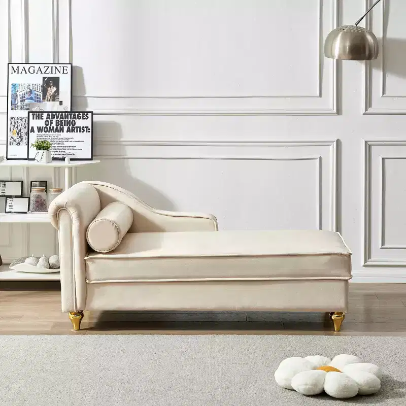 Velvet Chaise Lounge Sofa with Gold Metal Legs Round Pillow for Living Room Beige
