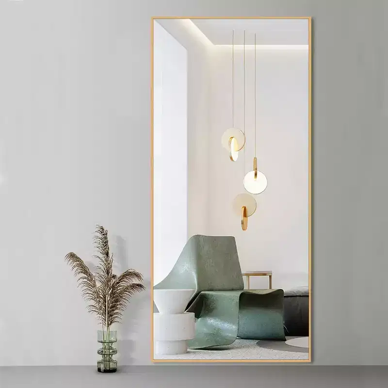 MAYEERTY Gold 33.86 x 70.87 Inch Rectangular Thin Edged Aluminum Alloy Full Length Mirror without Stand for Living Room and Bedroom Wall Decor