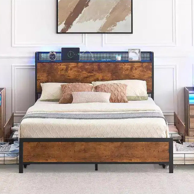 Bed Frame with Storage Drawers, LED Lights & Charging Station, Strong Wooden Slats