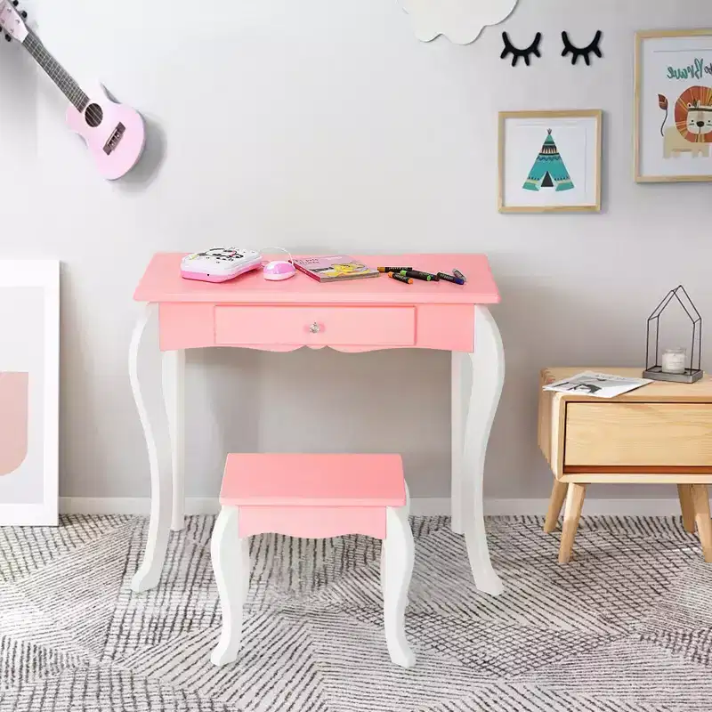 Kids Vanity Table and Stool Set with Mirror and Drawers