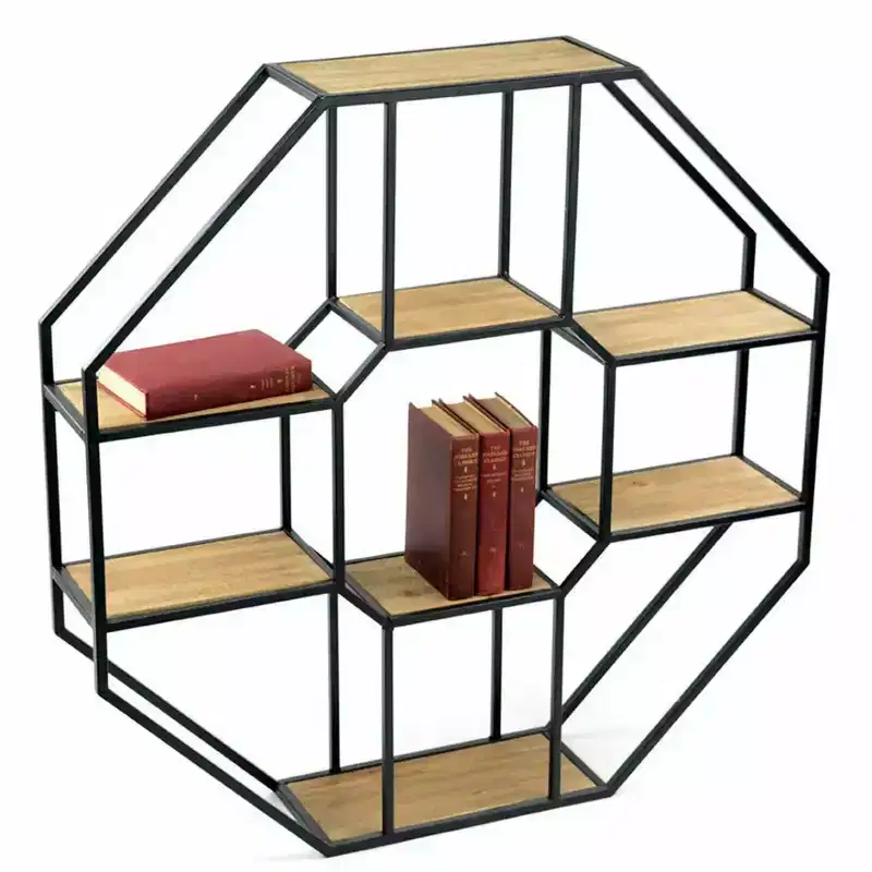 Slickblue Wall-Mounted Iron Wood Shelf, 8-Tier Octagonal/Hexagonal, Display Rack, Industrial, 36x36