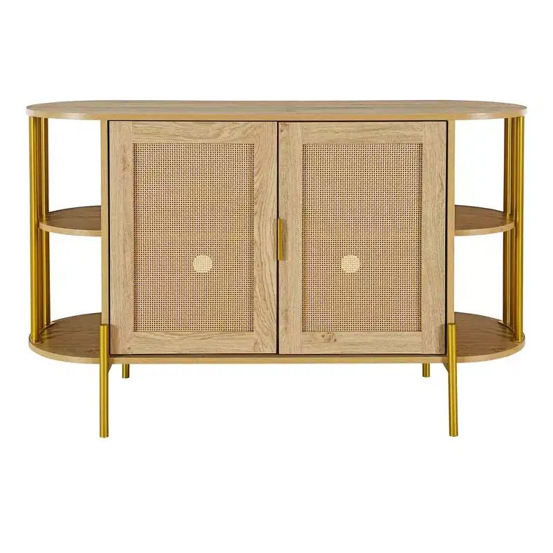 2-Door Curved Sideboard Cabinet with Gold Trim and Woven Rattan Doors for Dining Room, Natural