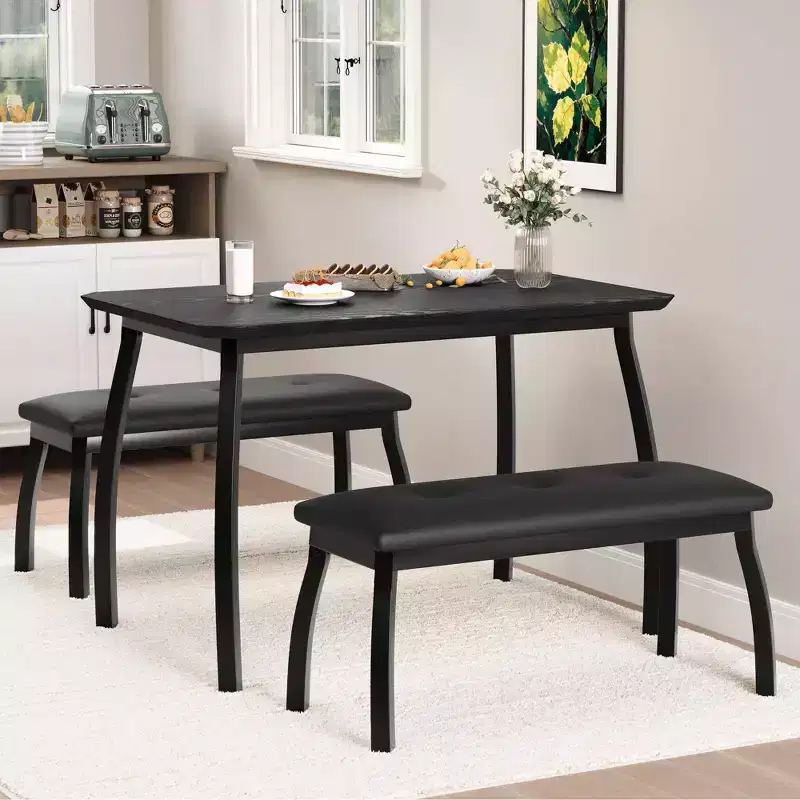 Dining Table Set for 4, with 2 Upholstered Benches