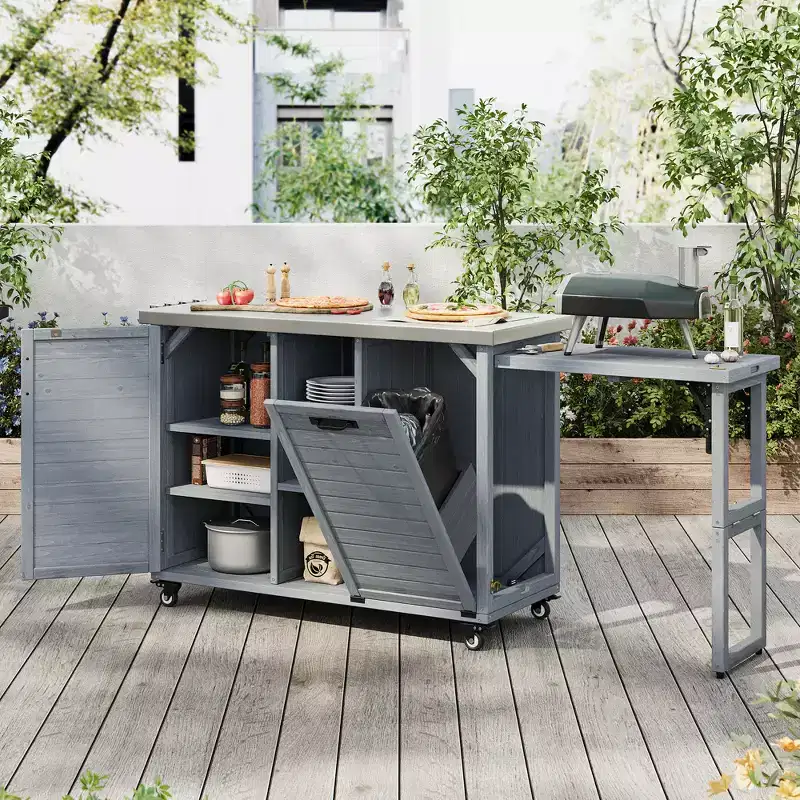 FAMYYT 78.3-Inch Outdoor Kitchen Island with Stainless Steel Countertop, Foldable BBQ Station, and Storage Cabinets, Grey Blue