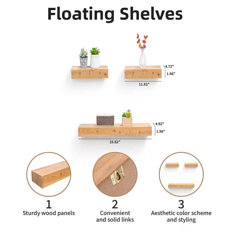 23.6 Maple Floating Shelf C invisible-bracket wood wall mount, perfect bathroom/bedroom/kitchen dcor or book/plant display, easy install.