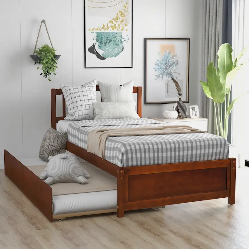 Twin Platform Wood Bed with Trundle, Sleeps 2 (Grey / Walnut / Espresso / White)