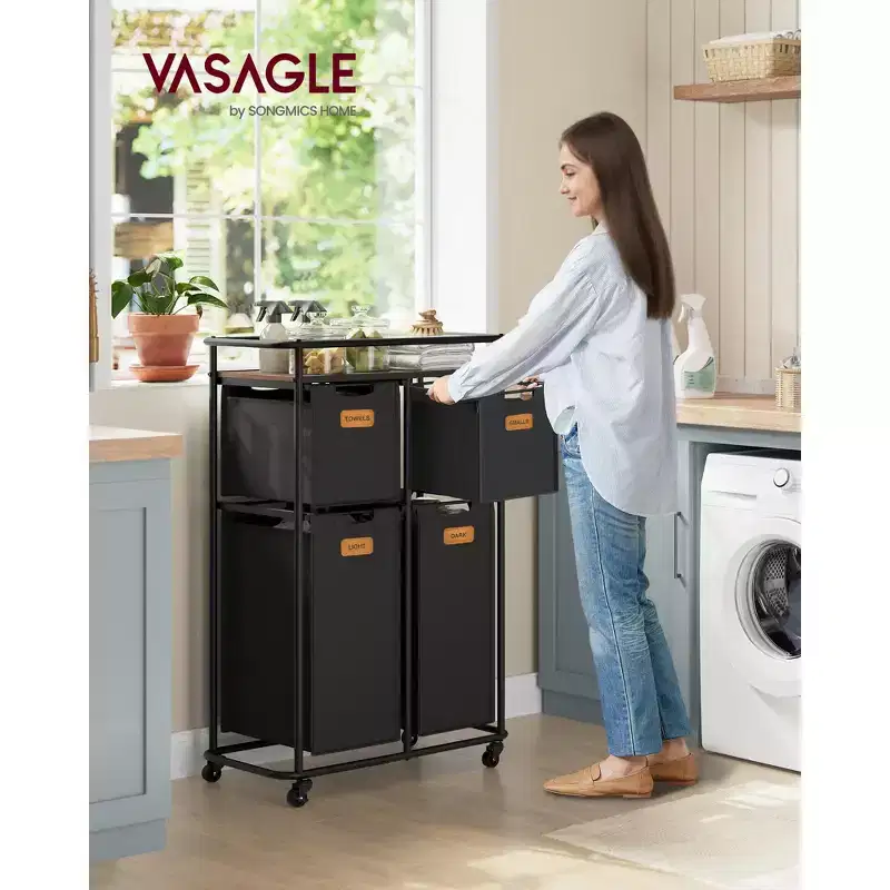 VASAGLE Laundry Sorter, Laundry Basket with Wheels, 39.6 Gal. (150 L) Rolling Laundry Hamper, Portable Laundry Cart,Ink Black
