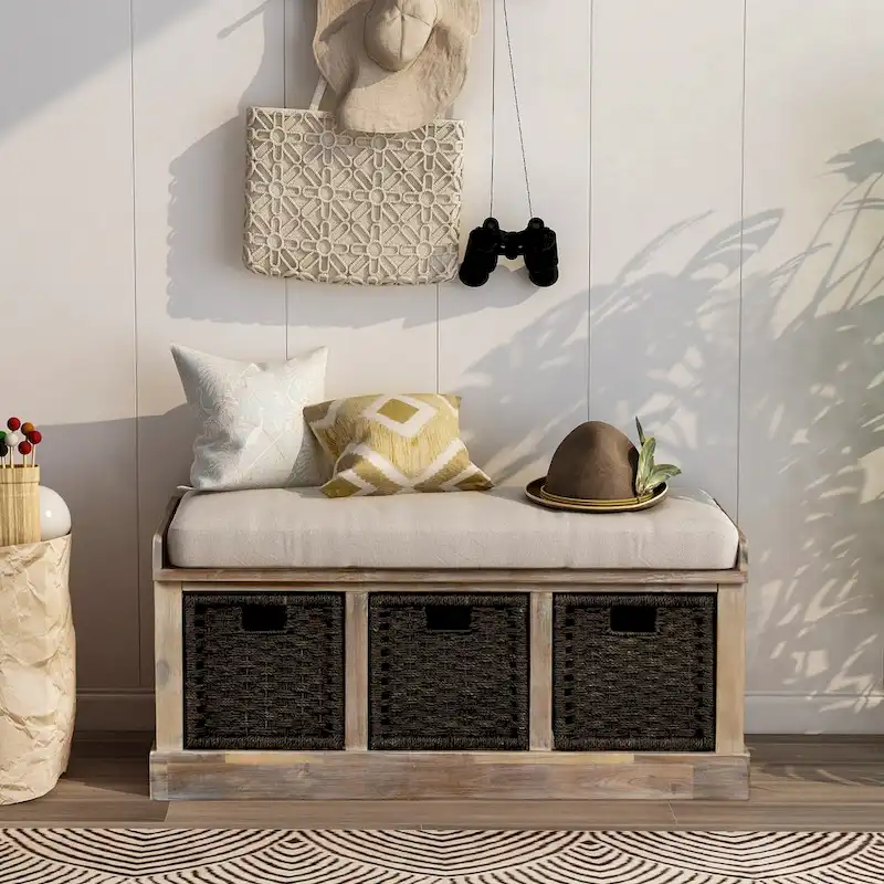Entryway Bench with 3 Removable Rattan Baskets