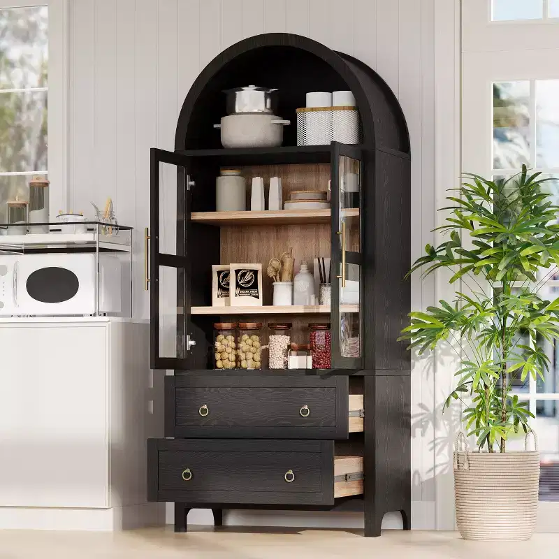 71-Inch Tall Arched Kitchen Pantry Cabinet with Glass Doors, Adjustable Shelves & 2 Drawers