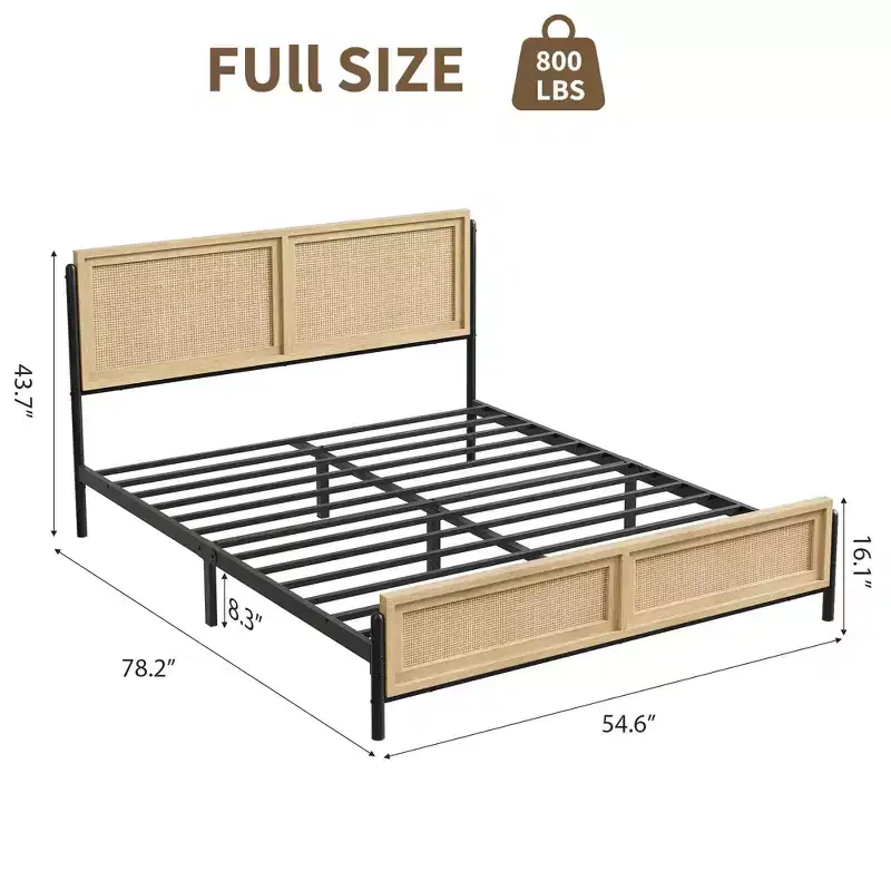 Queen Size Bed Frame with a Rattan Headboard and Footboard, Boho Queen Mattress Frame, No Need for a Box Spring, Noise-Free, Wooden Bed Frame