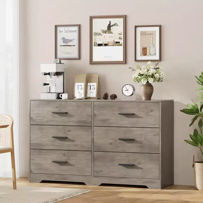 6 Drawer Double Dresser for Bedroom, Modern Wood Chest of Drawers with Metal Handles, Wide Storage Cabinet for Living Room Home Office