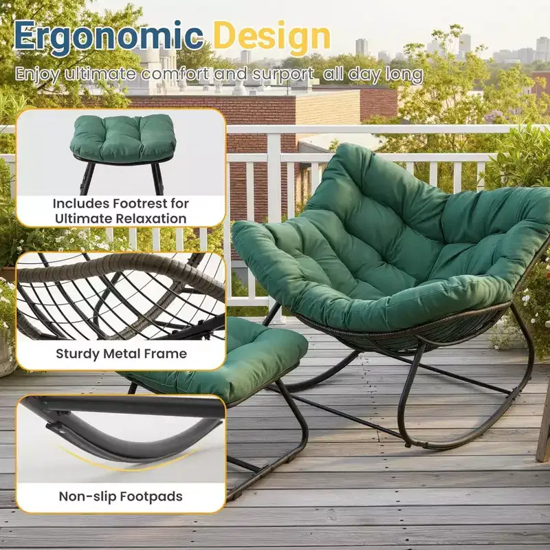 Light Green Egg Rocking Chair with Ottoman, All-Weather Wicker Lounge & Cushions