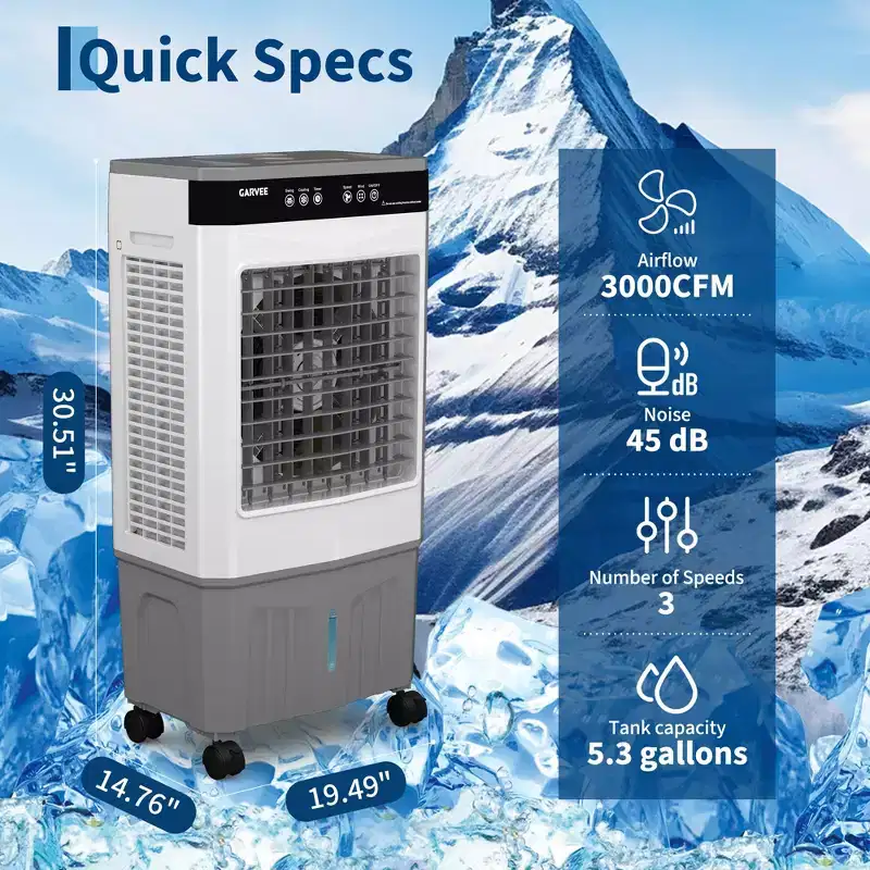 Air Cooler Evaporative Air Cooler with Water Tank, 4 Ice Packs, 3-Speed, 120 Oscillation, Remote Control and 12H Timer, 150W Portable Floor