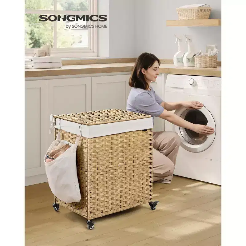 Rolling Laundry Hamper with Wheels, 2-Compartment Synthetic Rattan Basket with Removable Liner