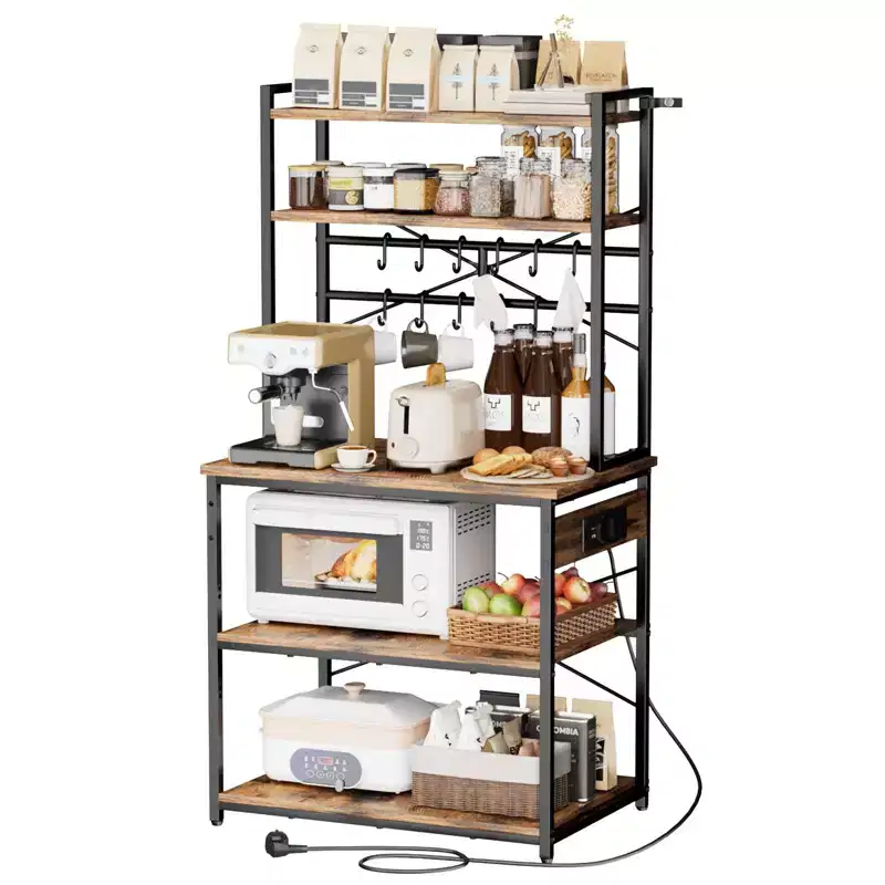 Kitchen Bakers Rack, 5 Ft Power Cable Bakers Rack with Power Outlet, Kitchen Stand with X-Shaped Support Bar, 12 S-Shaped Hooks