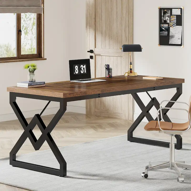 63-Inch Large Office Desk with Wooden Tabletop and Metal Frame