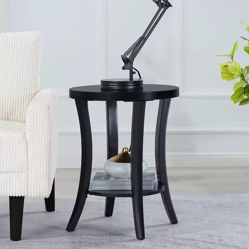 Round End Table with Two-Tier Shelf, Curved Legs, Veneer Finish