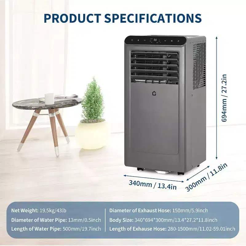 Acekool 10,000 BTU Portable Air Conditioner, 4-in-1 AC Dehumidifier Fan Sleep Mode, Remote, Energy Efficient, for Rooms up to 450 Sq. Ft, Grey