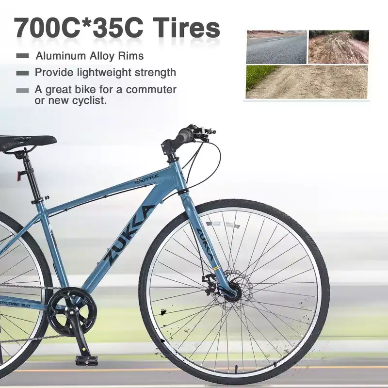 Okak 700C Hybrid Bike with Aluminum Alloy Frame and Double Disc Brakes, Flat Handlebar Road Bike, Adult Bike for Road Cycling and Traval
