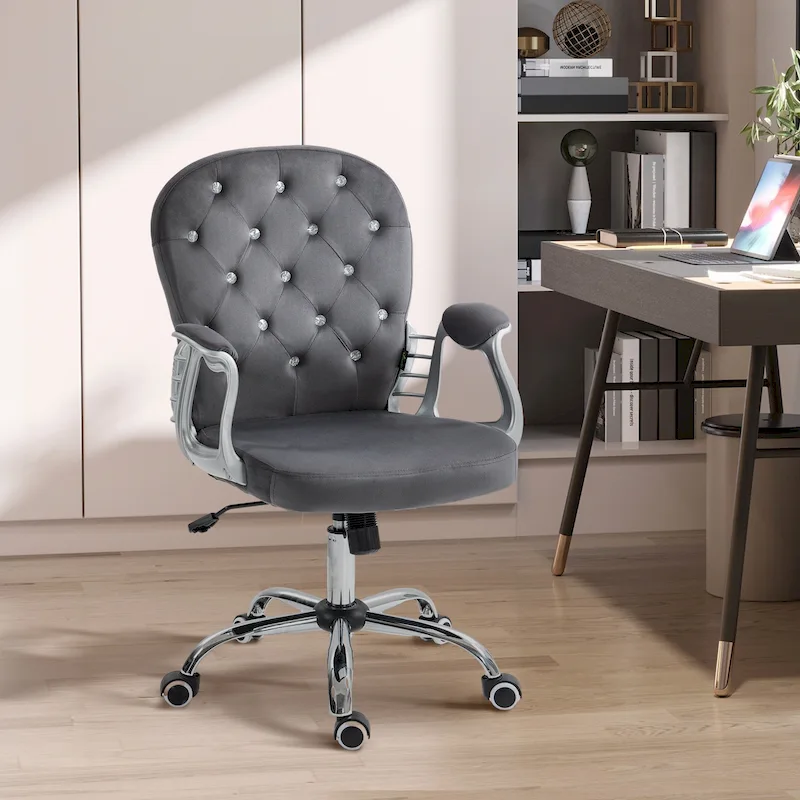 Vanity Middle Back Office Chair Tufted Backrest Swivel Rolling Wheels Task Chair with Height Adjustable Armrests