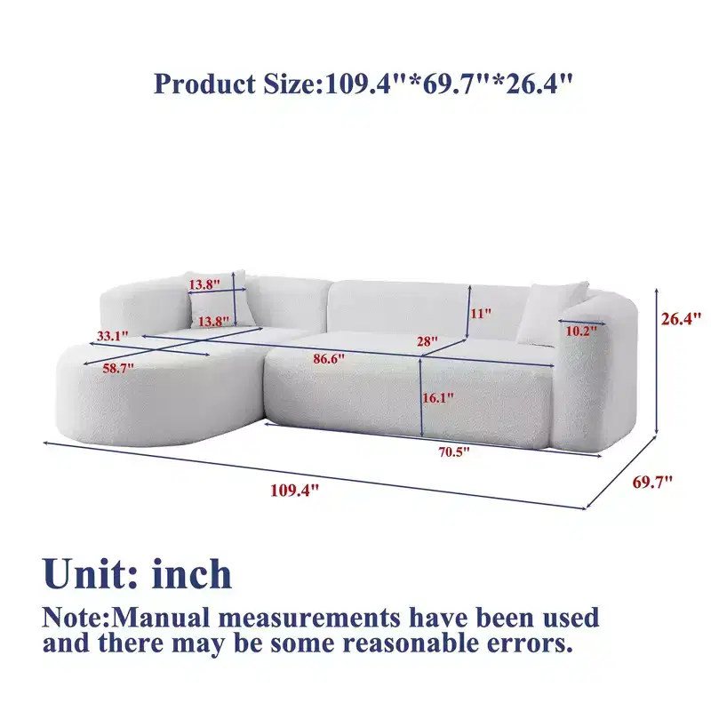 Clihome 109.4 L-Shaped Modular Sectional Sofa Left Chaise Chenille Fabric Cloud Sofa with 2 Pillows