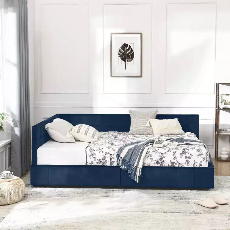 MAYEERTY Full Size Storage Upholstered Tufted Bed Frame with Backrest and Armrests for Bedroom Living Room Dark Blue