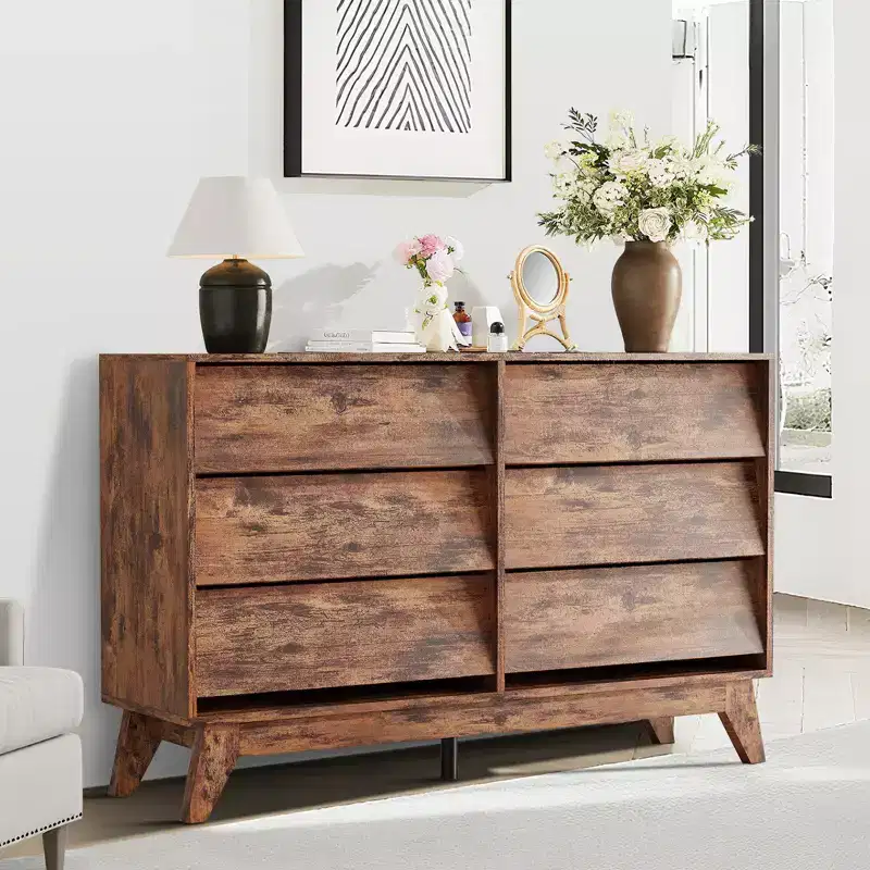 Vintage Chest of Drawers, 6 Drawer Dresser with Bevel Design, TV Stand for Bedroom, Living Room, Entryway and Closet