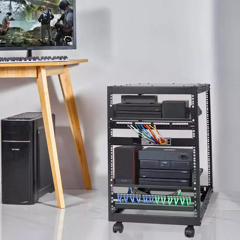 VEVOR 15U Open Frame Server Cabinet, Wall-Mountable with 2 Cooling Shelves & 4 Wheels, Depth Adjustable 23''-40'' for Network and AV Equipment