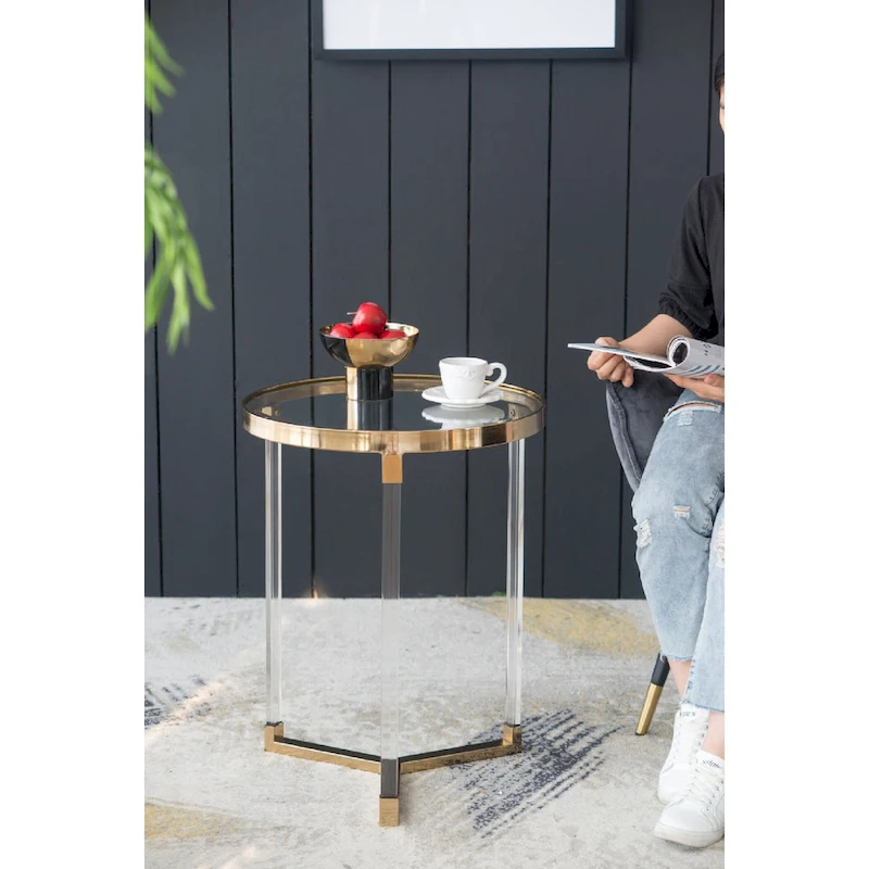 Verrill Acrylic and Iron Round Tables - Set of 2 - Gold Frame - Clear Top