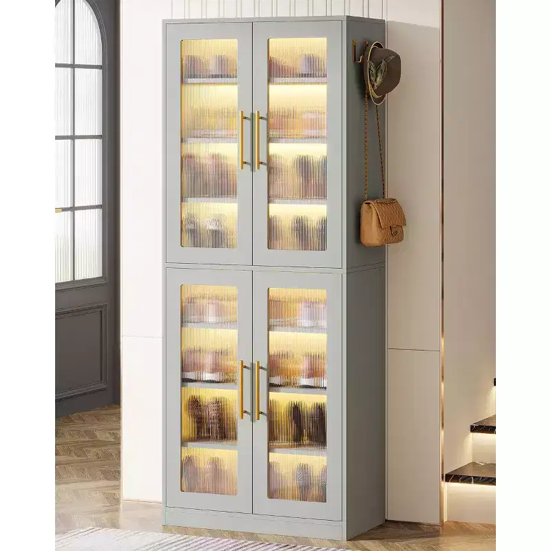 Shoe Cabinet with LED Lights, 8-Tier Shoe Organizer with Adjustable Shelf and Acrylic Doors, Holds 16 Pairs