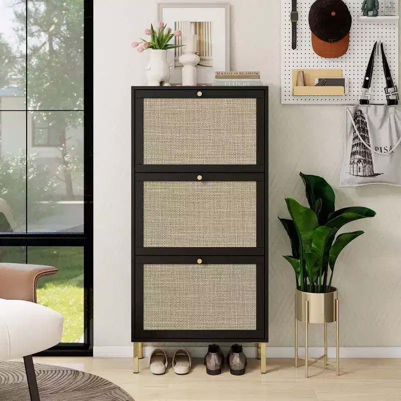 Vatros Rattan 3 Door Shoe Rack Freestanding Modern Shoe Storage Cabinet