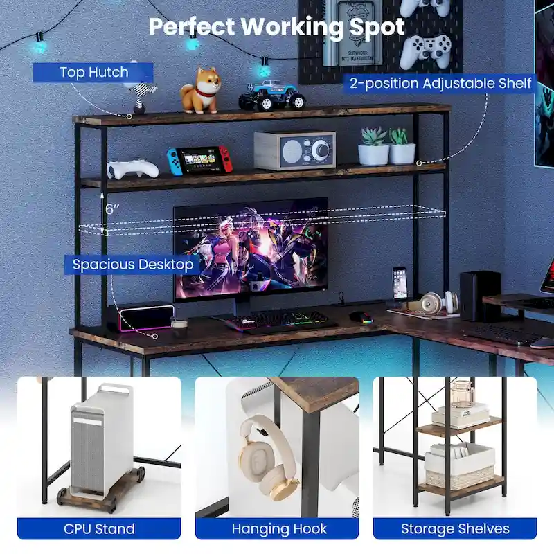 L-Shaped Gaming Desk with LED Strip & Power Outlets