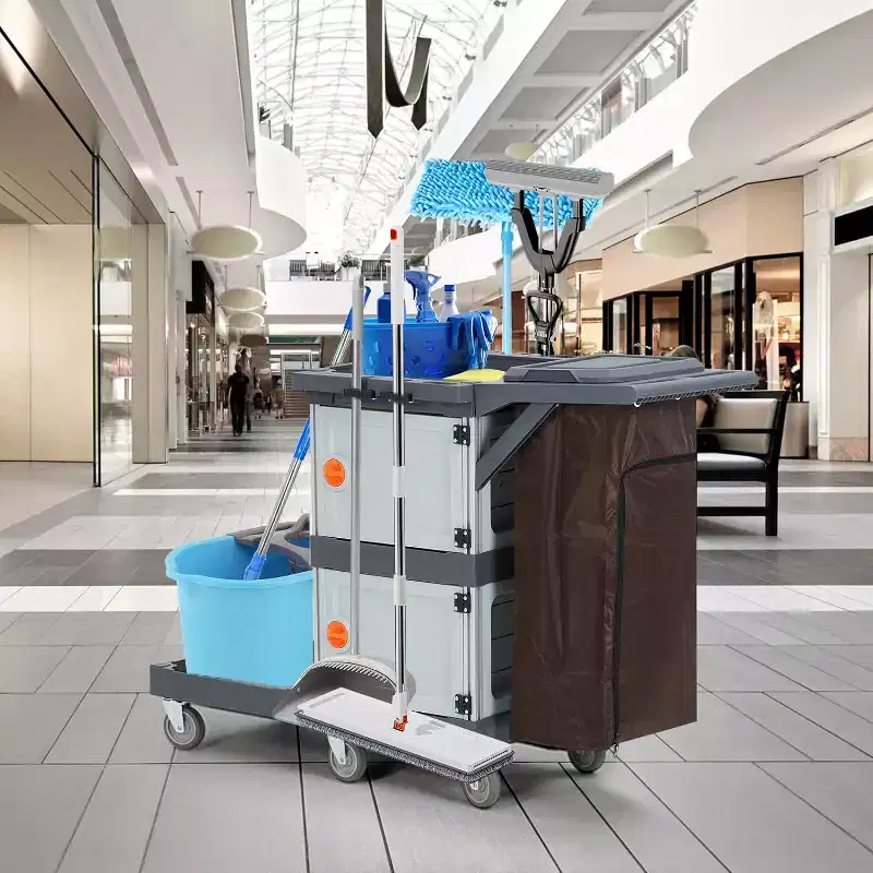 Commercial Janitorial Cart, 3-Shelf Housekeeping Cleaning Cart with 2 Cabinets, Cover & Oxford Bag, Traditional Janitorial Cart for Hotel