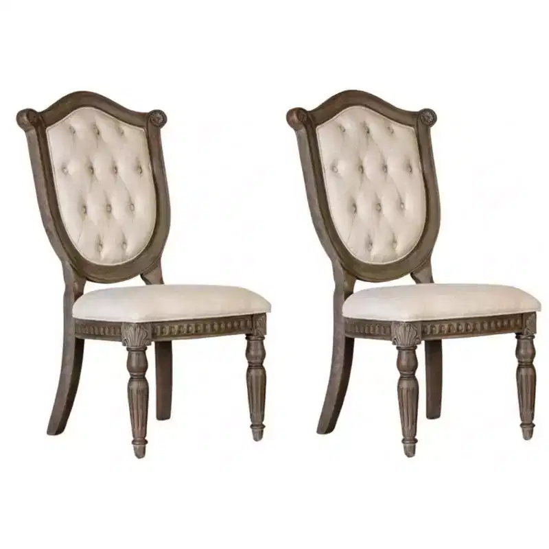Side Dining Chair Set of 2, Weathered Oak Wood, Tufted Beige Fabric