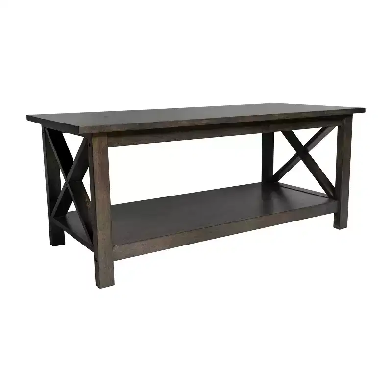 Solid Wood Farmhouse Style Coffee Table with Storage Shelf