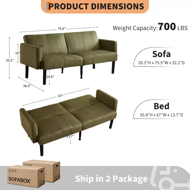 75.5 Adjustable Sofa Bed  3-Position Recliner with Off-Floor Design for Small Spaces (Gray/Green)