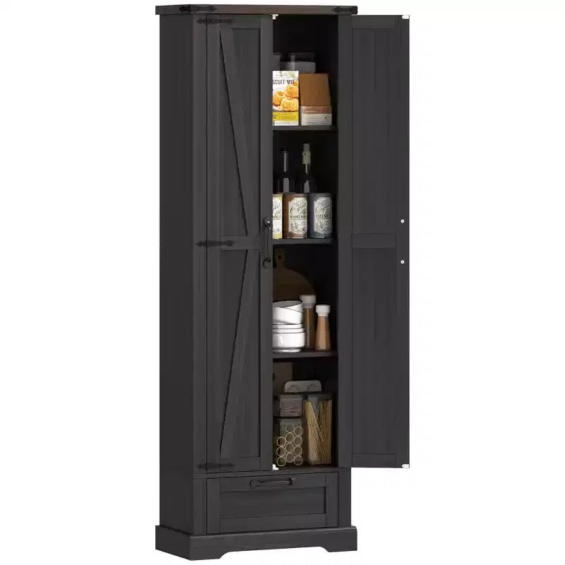 HOMCOM 71 Kitchen Freestanding Pantry Cabinet with Barn Doors, Drawer and Adjustable Shelves for Dining Room, Black