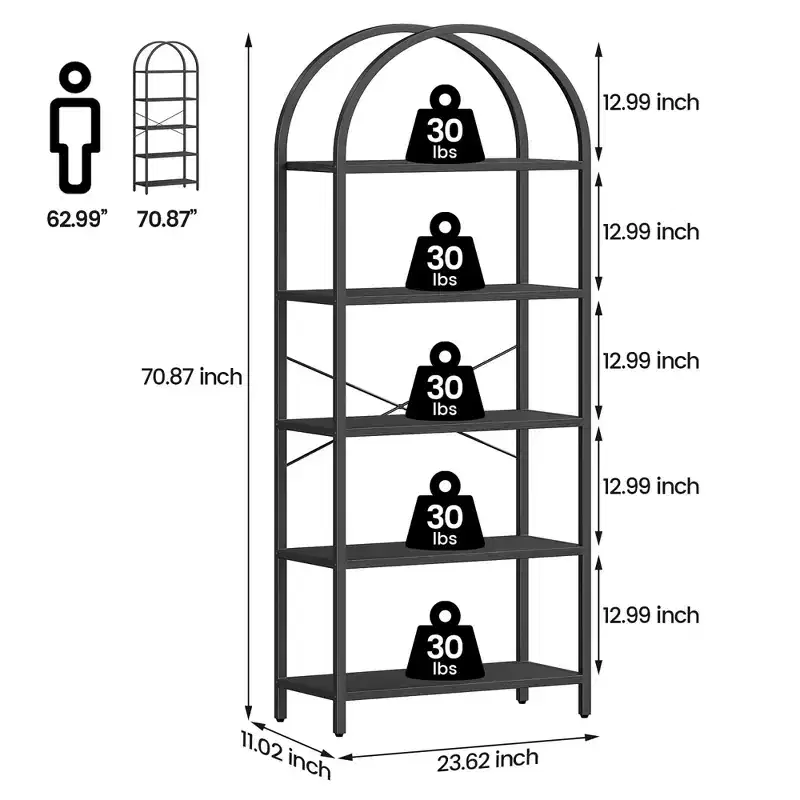 Garvee 5-Tier Bookshelf - Arched Metal Frame Bookcase, Tall Standing Shelf for Bedroom, Living Room & Home Office