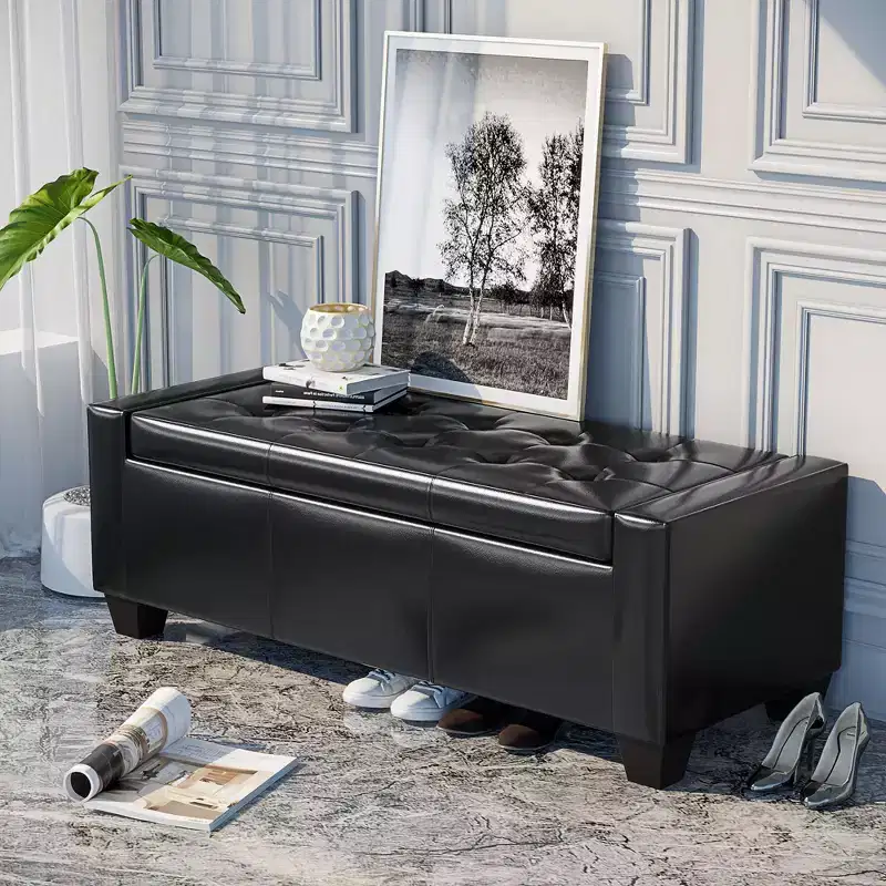 51 Ottoman with Storage, Storage Ottoman Bench with Safty Hinge, Faux Leather Upholstered Entryway Bench with Seating for Living Room, Bedroom