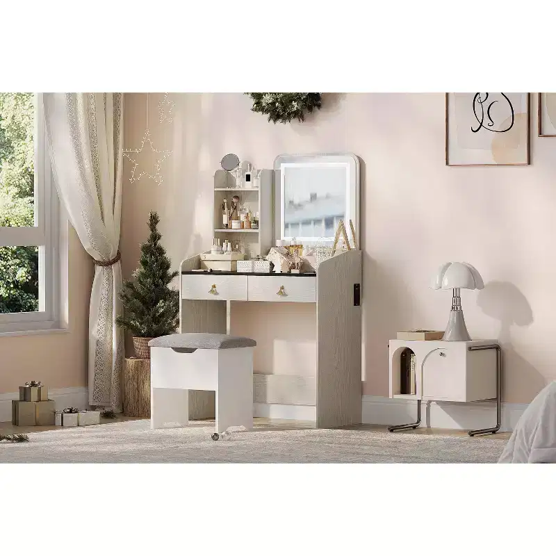 Makeup Vanity Table with LED Lighted Mirror, Vanity Table Set with 2 Drawer & Charging Station, Small Vanity Desk Set with Storage Stool, Femal Gift
