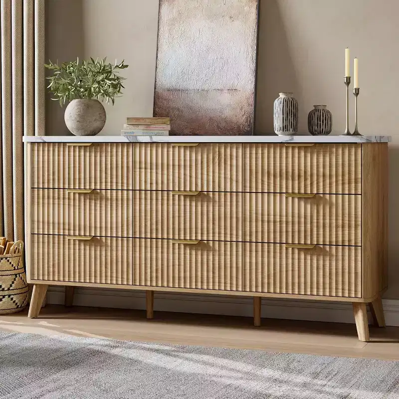 9 Drawers Dresser for Bedroom, 60.6 Wide Dressers with Curved Profile Design, Fluted Wood Drawers, Modern Chest of Dressersfor Living Room