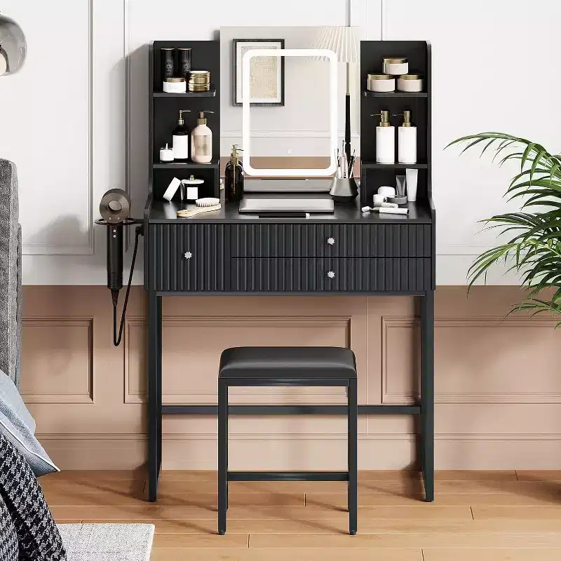 Small dressing table with mirror, dressing table set with stool, 5 drawers, 4 shelves, hair dryer holder, compact bedroom dressing table, black