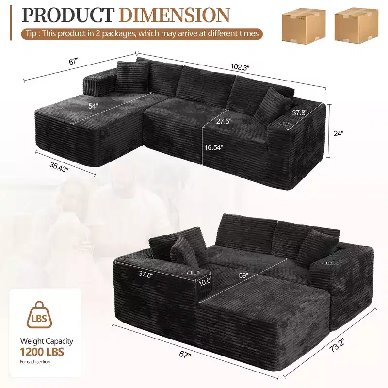 Celebalcony 103 Boneless Modular Sectional Sofa, L-Shaped Chaise with 2 Cup Holders, Plush Corduroy Cloud Couches for Living Room, No Assembly