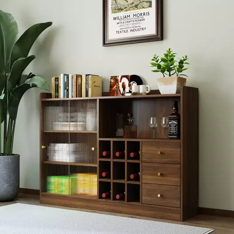 JVNOXK 47-inch sideboard with two striped glass sliding doors, freestanding countertop storage cabinet, ideal for storing wine bottles, walnut
