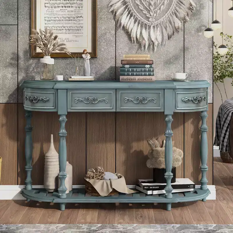 Clihome 52Modern and Contemporary Curved Console Table Sofa Table Entryway Table with 4 Drawers and 1 Shelf for Living Room, Hallway