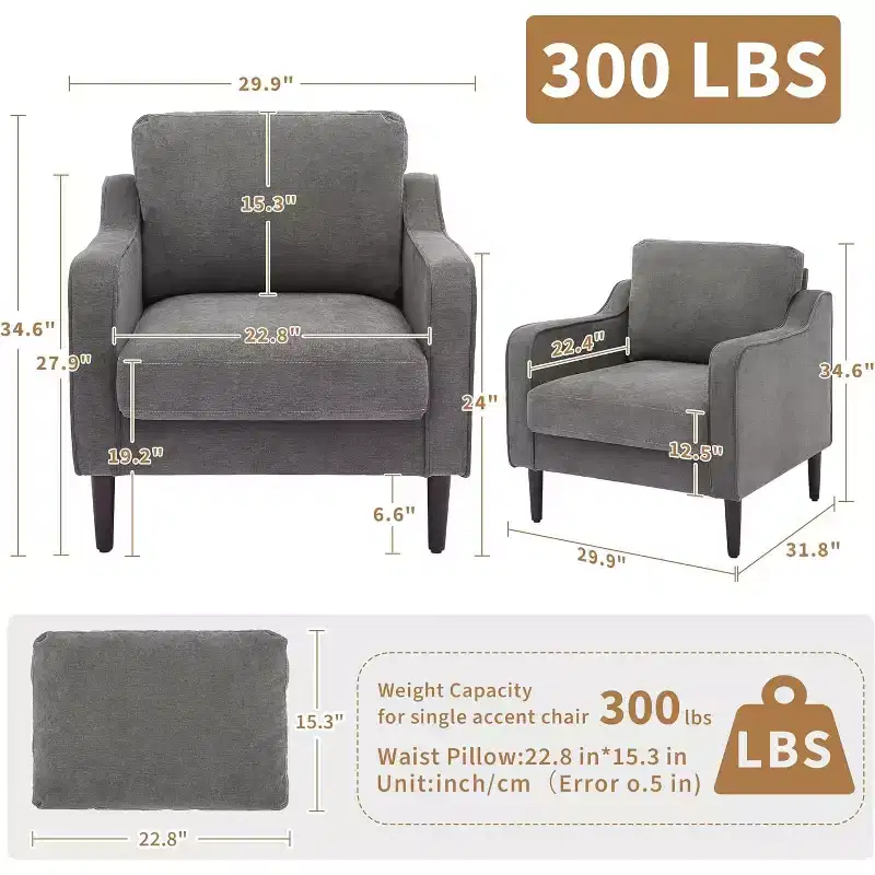 Mid-Century Modern Accent Chair with High Back, Linen Upholstered Armchair for Living Room, Bedroom or Study, Compact Comfort Reading Chair