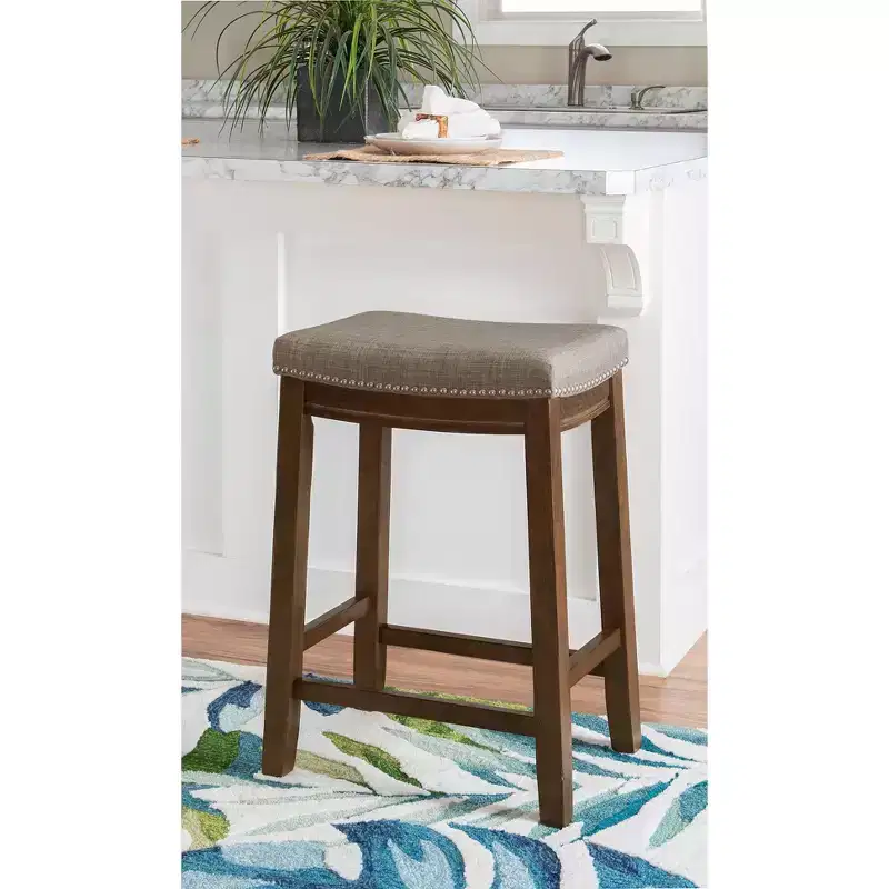 Counter Height Barstool Rustic Brown Natural Linen Upholstered Backless